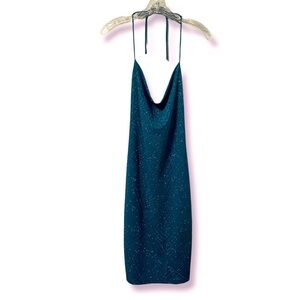 Vintage Y2K Charlotte Russe Blue Glitter Cowl Neck Halter Mini Dress Size Large
